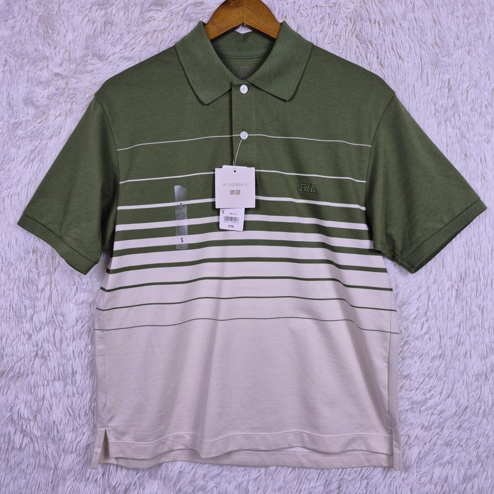 Uniqlo JW Anderson Mens Olive Green Striped DRY Pique Polo Shirt Small